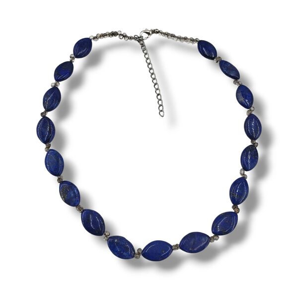 Blue Gold Speck Lapis Lazuli Oval Clear Glass Spacers Beaded Collar Necklace - Picture 9 of 9